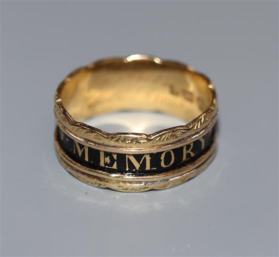 A late Victorian 18ct gold and enamel In Loving Memory Of family mourning ring, with inscription, size O.